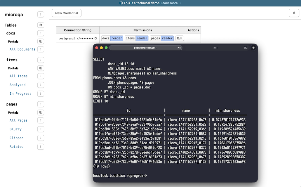 Screenshot of a terminal overlayed above another page listing credentials and associated permissions. The terminal runs psql and displays a query running on the data from the previous screenshot.