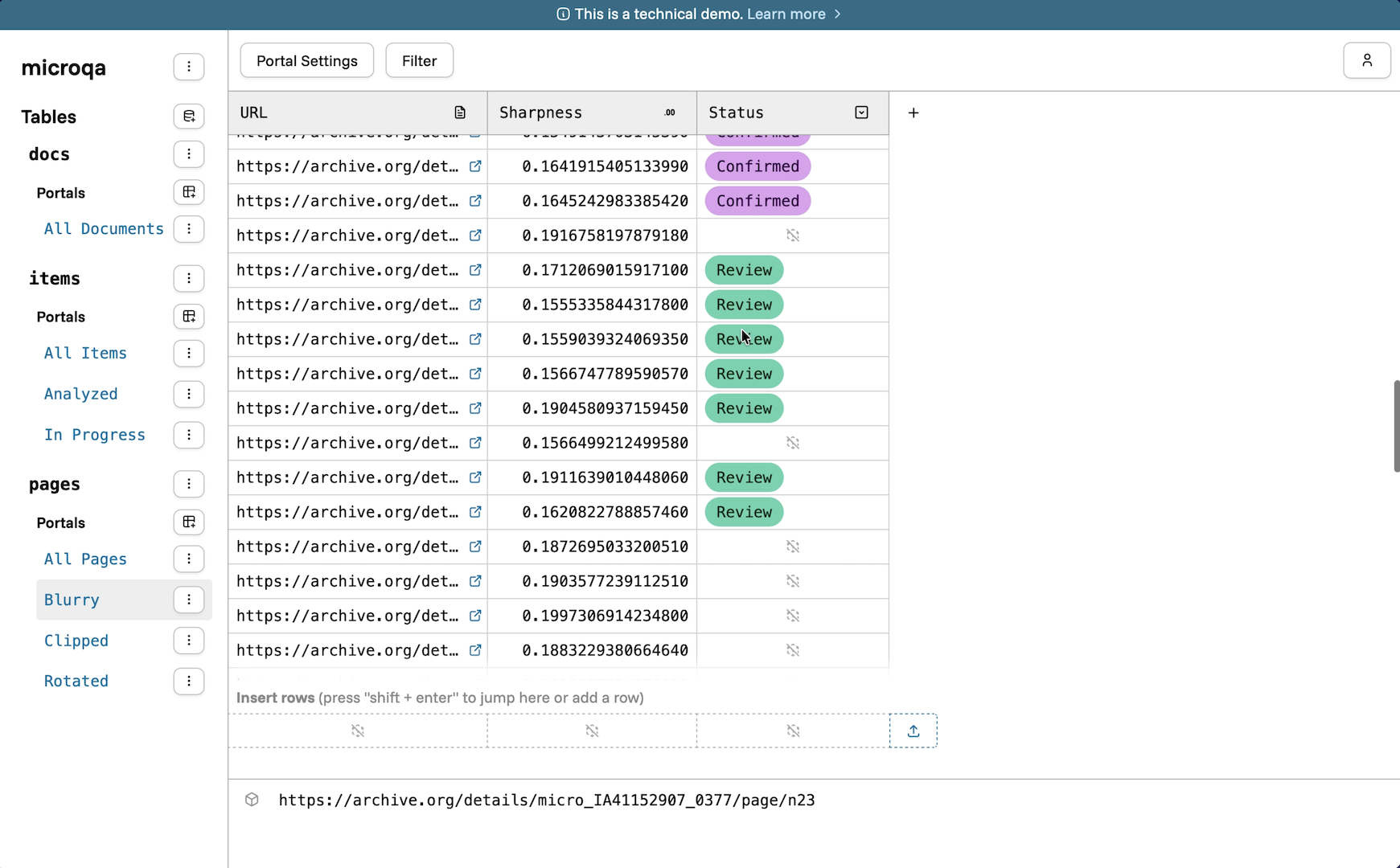 Screenshot of a spreadsheet-like user interface. A sidebar lists "Tables" and "Portals", and a table on the right displays URL, numeric, and single-select data.