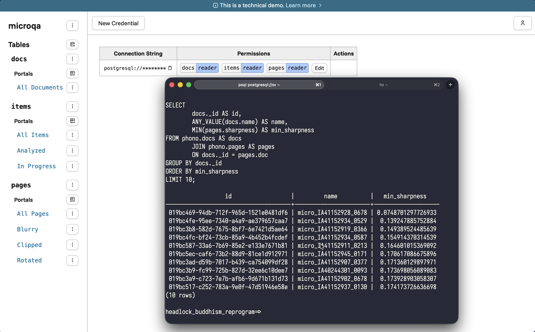 Screenshot of a terminal overlayed above another page listing credentials and associated permissions. The terminal runs psql and displays a query running on the data from the previous screenshot.