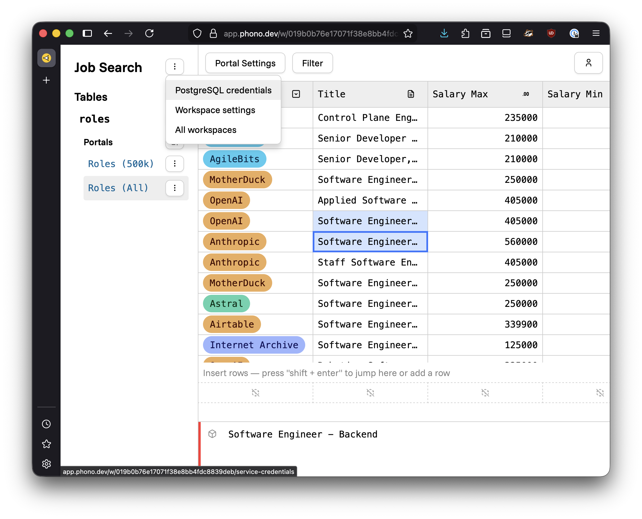 Screenshot of multi-cursor editing, as well as a dropdown menu with a highlighted option labeled "PostgreSQL credentials"