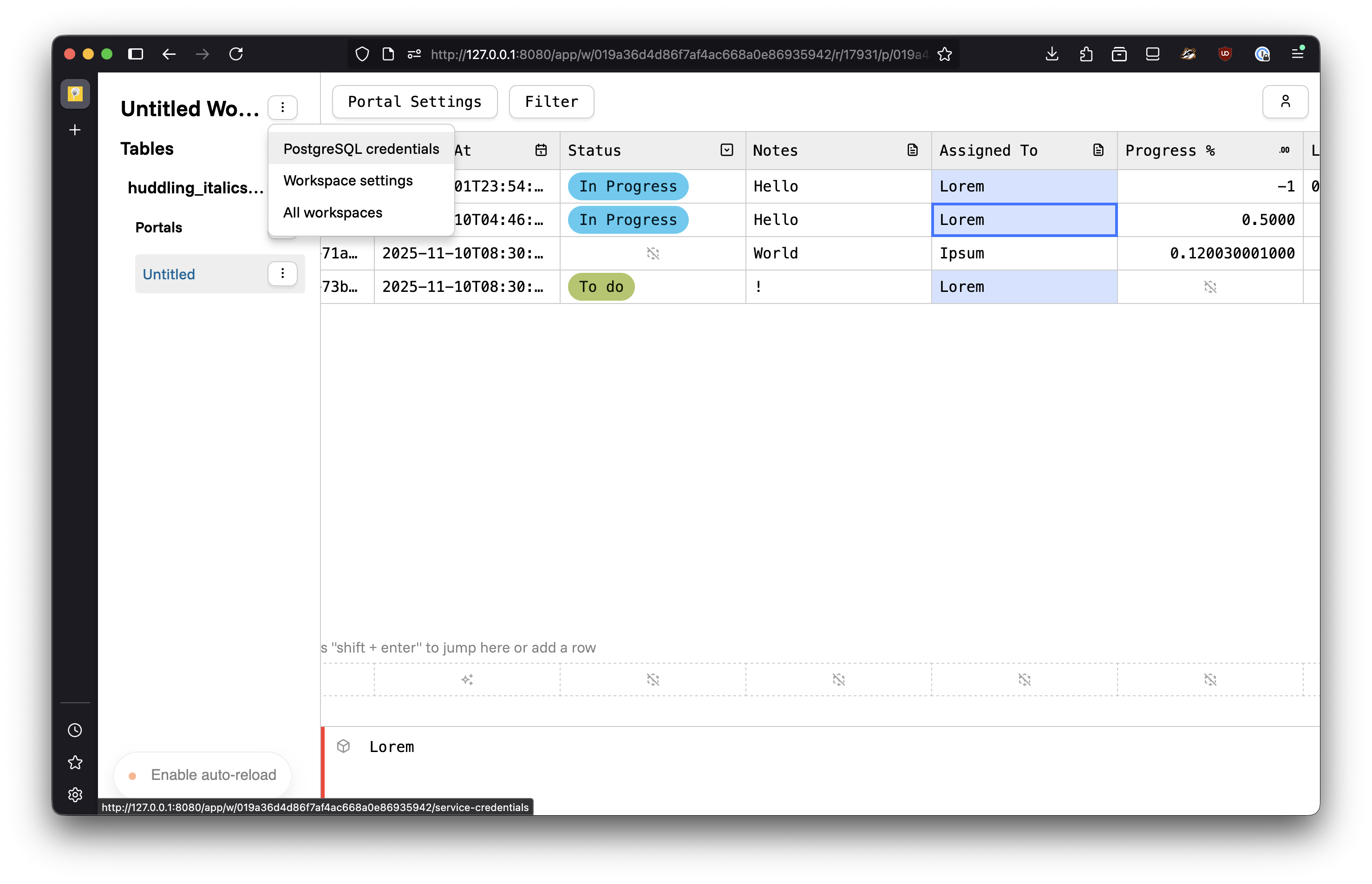 Screenshot of multi-cursor editing, as well as a dropdown menu with a highlighted option labeled "PostgreSQL credentials"