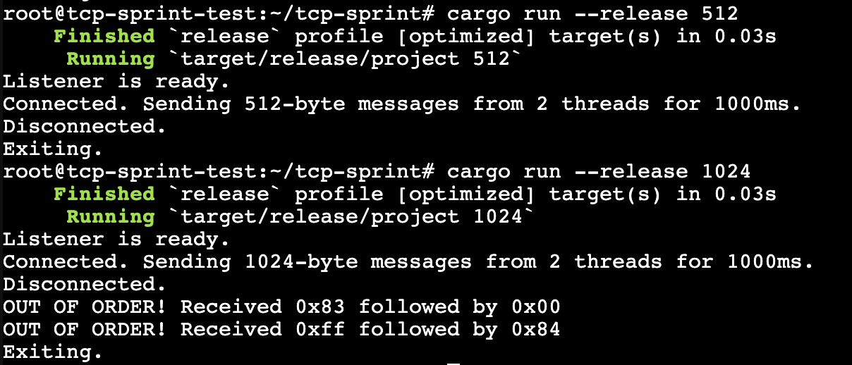 Terminal screenshot showing results of running script with 512 and 1024 byte messages. The first run has no errors, while the second one displays two "out of order" warnings.